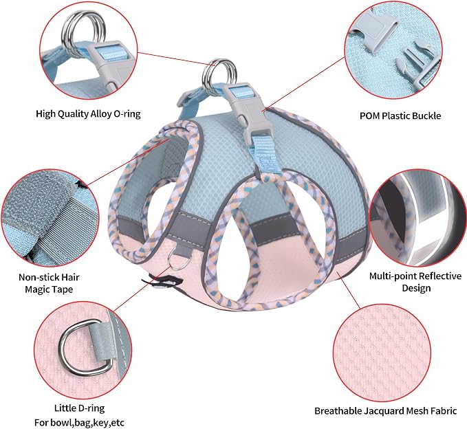 Breathable Dog Harness Small Sized and Leash Set, Blue-Pink XXXS | No Pull Step-in Vest, Lightweight Mesh, Reflective Design with High-Stick Magic Tape, Outdoor Use for Chihuahua, Maltese - Image 5