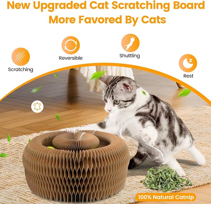 Kitty Kurls Magic Organ Cardboard Cat Scratcher Toy with 2 Balls, Brown | Upgraded-Magnetic, Mental & Physical Exercise, Multi-Shape Flip, Interactive Cardboard Cat Toy for Indoor Kitten/Cats,M, 1PCS - Image 2