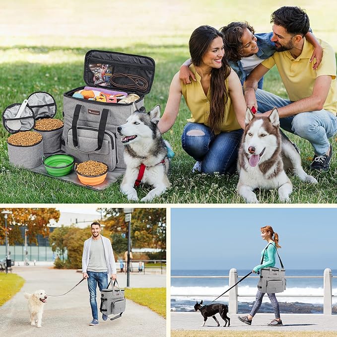 Modoker Dog Travel Organizer with 2 Collapsible Bowls for Supplies & Accessories, Airline Approved Dog Tote Pet Travel Bag with 2 Travel Food Container | Dog travel accessories set with feeding supplies, bowls, mat, and strap. Ideal for weekend trips. - Image 7