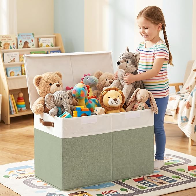 Bagnizer Large Toy Storage Box with Lids, Collapsible Sturdy Baby Storage Organizer Chest Bin Basket for Kids, Boys, Girls, Playroom, Nursery, Bedroom, Closet 25"x13"x16" (Green and White) - Image 2