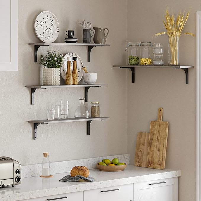 Long Wall Shelves, 23.6Inch Wooden Wall Mounted Shelves, Set of 2 | Floating Book Shelf, Metal Brackets, Easy Assembly, Max Load 22lbs, Wall Storage Ledges, Bedroom/Bathroom/Kitchen, Gray Wash - Image 2