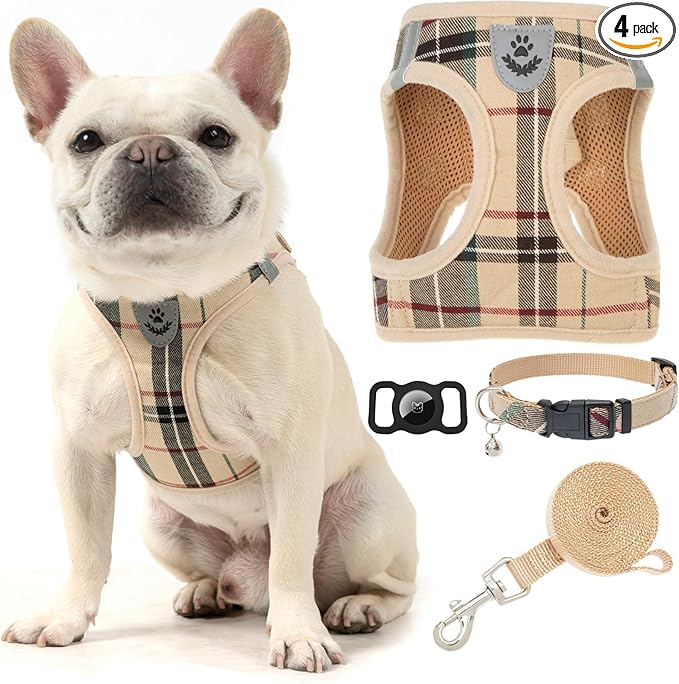 Plaid Small Dog Harness and Leash Set with AirTag Holder - Soft Padded Step in Dog Vest Harness Medium Sized Dog, No Pull Reflective Puppy Harness, Collar and Leash for Walking, Khaki L by EXPAWLORER
