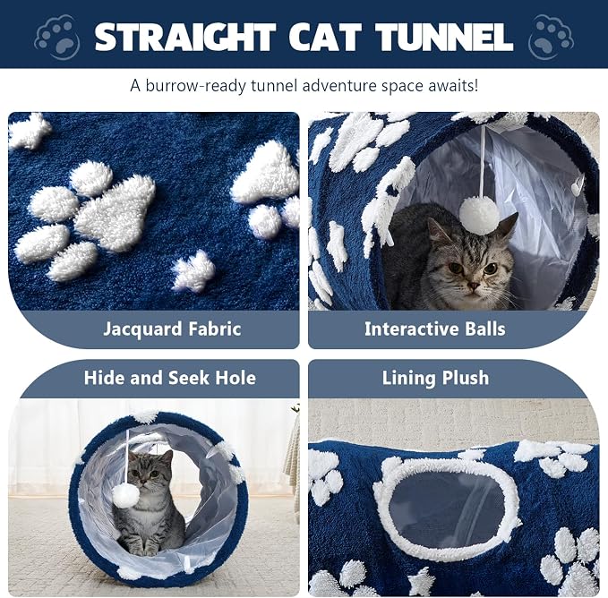 Straight Cat Tunnel for Indoor Cats 47"x12", Blue Paw | Cute Cat Toys, Collapsible Tunnel Tube with Hanging Balls for Puppy Kitten Rabbit - Image 2