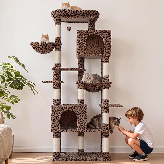 Heybly Cat Tree, 76-Inch Tall Heavy Duty Cat Tower for Big Cats HCT039BW | Multi-Level Large Cat Furniture with Extra Wide Baseboard, 2 Condos & 2 Hammocks, 10 Scratching Posts, Leopard Print - Image 9