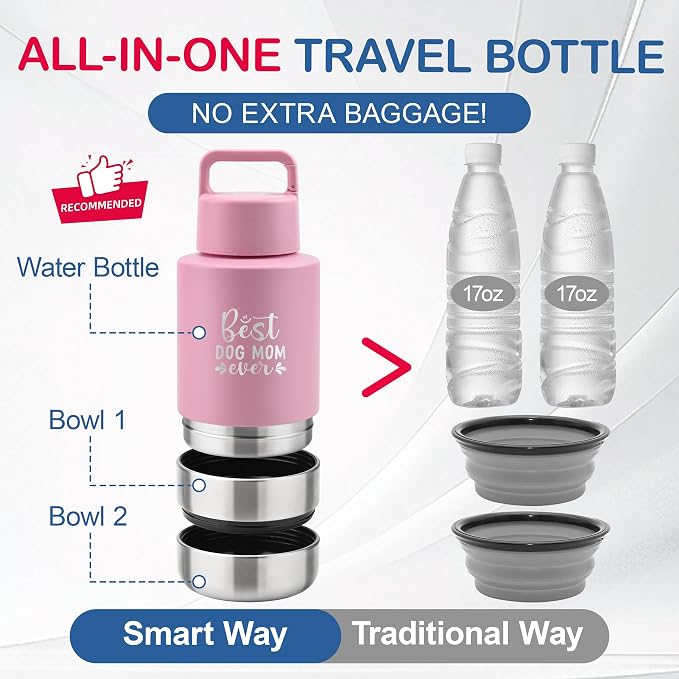 KEWIXY Insulated Dog Travel Water Bottle With Detachable Bowls, Ideal Dog Mom Gifts for Women, Portable Water Bottle Dispenser, For Walking, Hiking, Camping, Outdoor (Pink:Best Dog Mom, 32 Oz) - Image 3