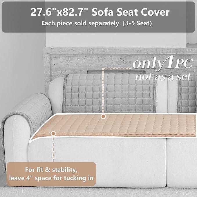 Velvet Washable Couch Cover for Dog,L Shape Sofa Cover for Pets. | 27.6"x82.7",Khaki,Sectional Couch Cover,Soft Velvet,Non-Slip,Furniture Protector,quilted - Image 2