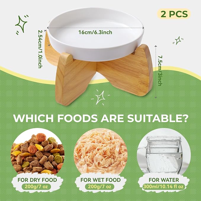 Raised Ceramic Cat Bowl 6.3" Wide Shallow Flat Bottom (2 Pack) | Neck Protective, Anti Whisker Fatigue, Anti Vomit, Dishwasher Safe, For Dry and Wet Food, For Kittens & Seniors - Image 2