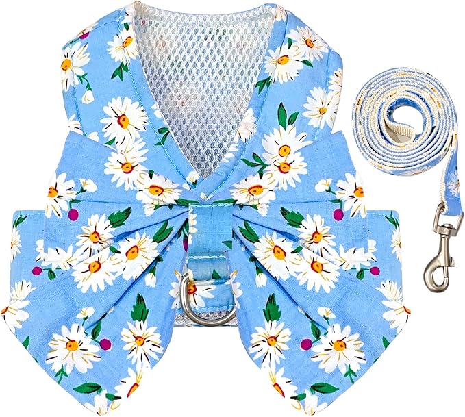 BAEJMJK Dog Harness and Leash Set with Bow Knot No Pull Pet Daisy Floral Harness with D-Ring Soft Mesh Dog Harness Vest Set Escape Proof Princess Puppy Harness for Small Girl Dogs Cats（Blue B M） by BAEJMJK