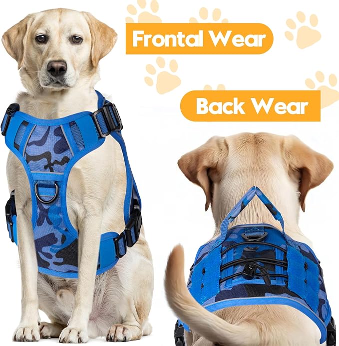 Heavy-Duty Tactical Dog Harness for Large Dogs, No Pull Adjustable Reflective Pet Vest with Molle System, K9 Military-Grade Control for Service Training, Outdoor & 10+ Breeds, Blue Camo, Medium - Image 7
