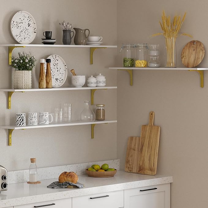Long Wall Shelves, 47.3Inch Wooden Wall Mounted Shelves, Set of 4 | Large Floating Book Shelf, Metal Brackets, Easy Assembly, Max Load 33lbs, Wall Storage Ledges, Bedroom/Bathroom, White & Gold - Image 5