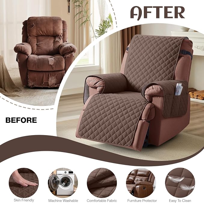 KinCam 100% Waterproof Recliner Chair Covers Washable, 23.6", Deep Brown | Anti Slip Reclining Couch Covers for Pets Dog, Recliner Sofa Slipcover Storage Pocket, Furniture Protector with Elastic Strap - Image 6