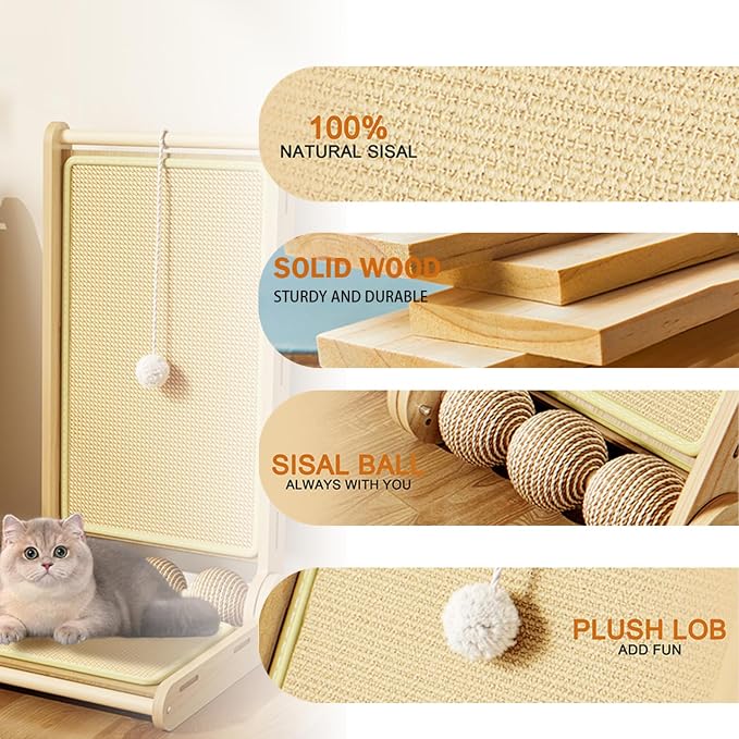 L-Shaped Sisal Cat Scratcher,Foldable Scratch Ramp for Indoor Cats | Foldable L-shaped sisal scratcher with solid wood base and toy ball to help protect sofas,walls and carpets from scratching - Image 6