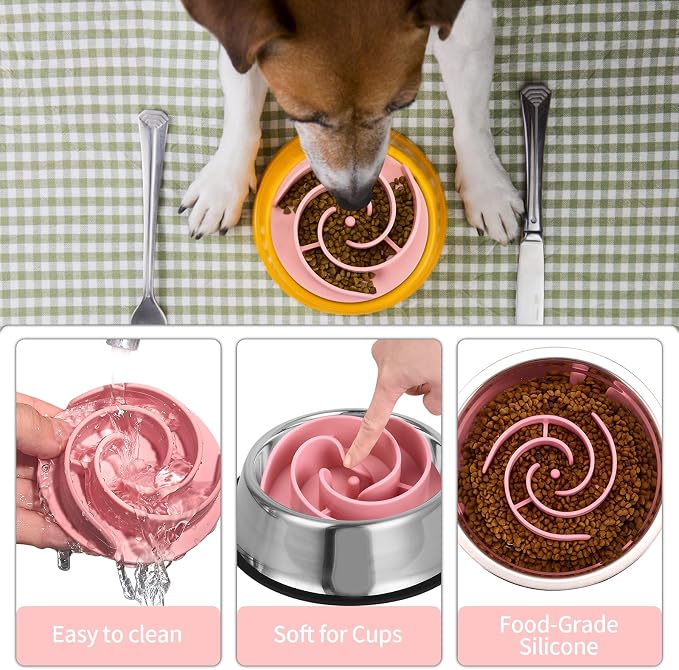 Slow Feeder Dog Bowls Insert, Bestalk Soft Silicone Slow Eating Feeder Insert with Suction Cups for Small, Medium and Large Dogs, Fit into Basic and Elevated Dog Bowls, Pink - Image 4