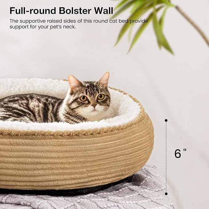 Love's cabin Round Donut Cat and Dog Cushion Bed, 20in Pet Bed for Cats or Small Dogs, Anti-Slip & Water-Resistant Bottom, Super Soft Durable Fabric Pet beds, Washable Luxury Cat Dog Bed Stripe Camel - Image 5
