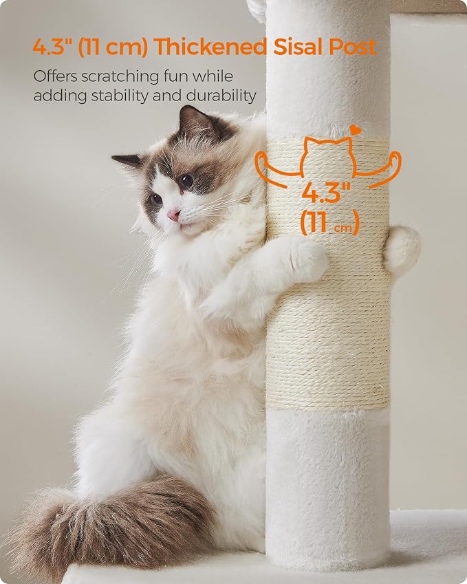 Feandrea Cat Tree, 40.6-Inch Cat Tower, Plush Condo for Extra Large Cats up to 44 lb, Large Perch, 2 Caves, Scratching Post, Cream White UPCT614T01 - Image 5