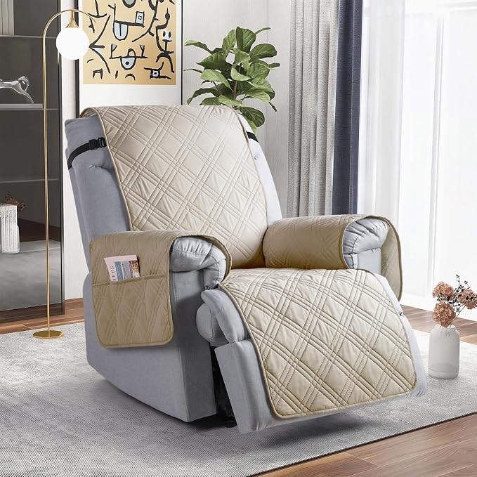 TAOCOCO 100% Waterproof Recliner Chair Covers, Non Slip Recliner Covers for Recliner Chair with Pocket, Washable Reclining Chair Cover Furniture Protector for Kids,Dogs(25'', Cream) - Image 8