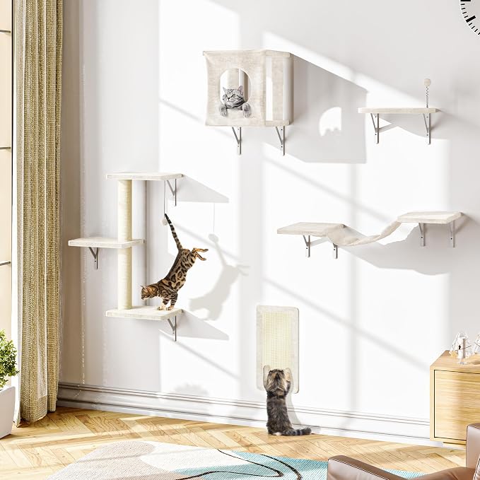 Cat Wall Shelves, 10-in-1 Wall-Mounted Cat Furniture Set | Large Cat Climber Set with House, Bridge, Steps, Scratcher, DIY Playground, Shelves for Indoor Wall Furniture Set, Beige - Image 6