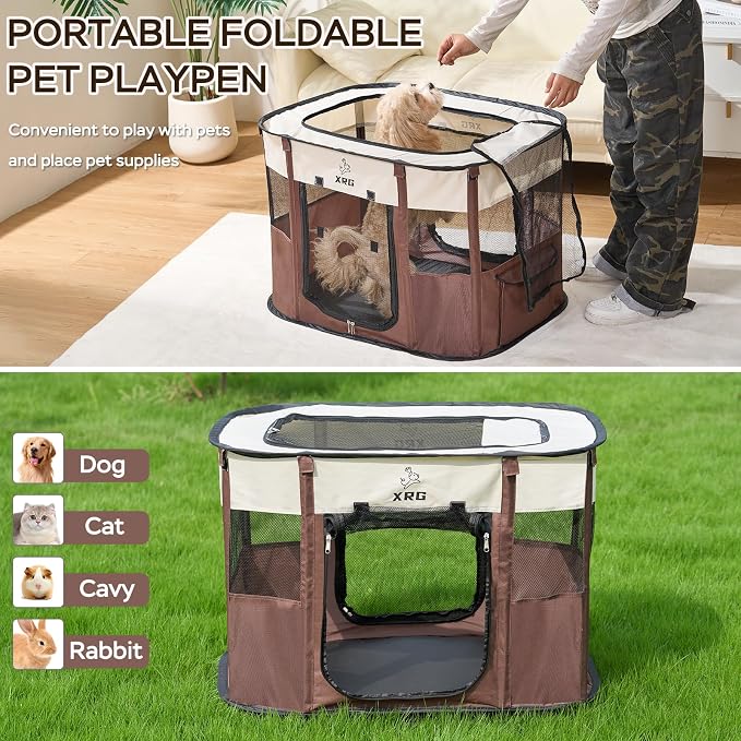 XRG Foldable Pet Playpen,Indoor Cat cage Puppy Crates M(31.5"x23.6"x21.7") | Portable Dog Crates with Upgrade Breathable Mesh，Sturdy Cat Kennel Indoor & Outdoor for Rabbit or Small Animals,Brown - Image 2