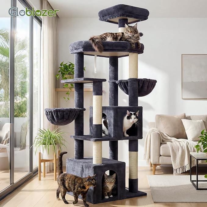 Globlazer Sturdy Cat Tree for Indoor Cats 20 lbs, S68, Dark Grey | 68-inch Large Cat Tower for Adult Big Cats, Heavy Duty Cat Tree with Extra Large Platform, 5 Scratching Post - Image 7
