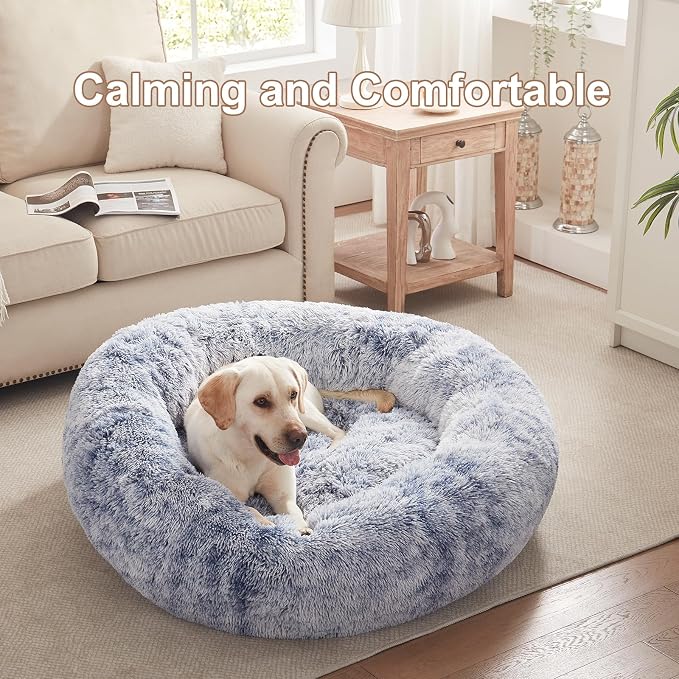 45 in Faux Fur Fluffy Donut Dog Bed for Extra Large Dogs,Dark Blue | Calming Plush Round Jumbo Pet Bed with Removable & Washable Cover,Fits up to 120 lbs Pets - Image 2