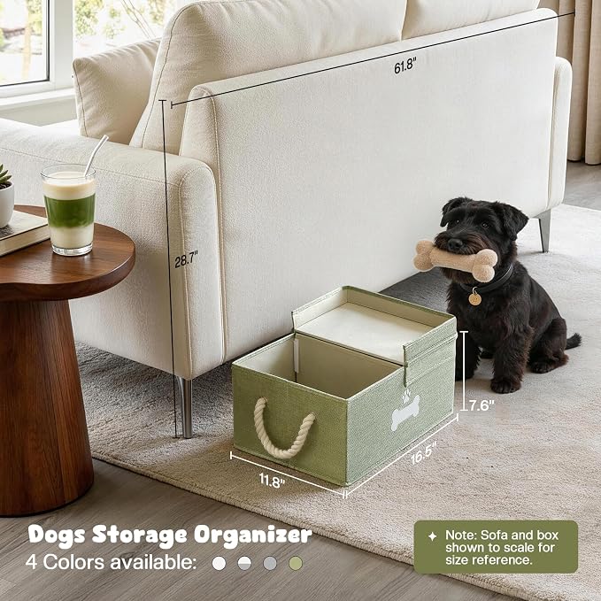 Dog Toy Basket with Double-Open Lid, Divided Dogs Basket for Toys, Collapsible Pet Toy Box, Dog Storage Organizer with 2 Divided Area, Puppy Toys Baskets with Rope Handles, Green - Image 2