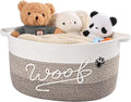 30L Woof Dog Toy Basket with Handles, Large Dog Toy Storage Bin with Paw Print, Woven Dog Basket for Blankets, Toys, Chews, Pet Toy Box for Nursery, Living Room, Bedroom, 17”x12”x9, Brown by Degeyoyo