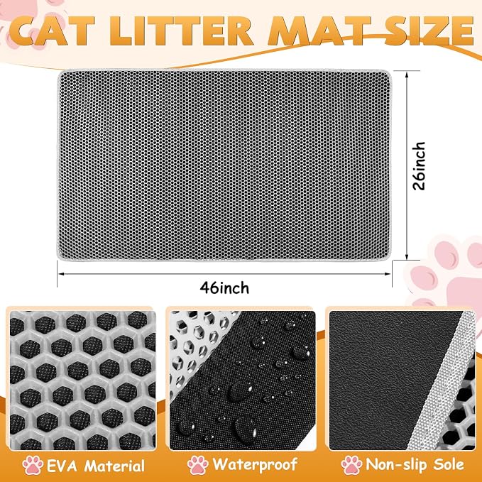 Cat Litter Mat 46"x26", Double Layer Waterproof Litterbox Mat, Gray | Non-slip backing, washable for easy cleanup, traps stray litter with waterproof honeycomb large grid that is urine-proof. - Image 7