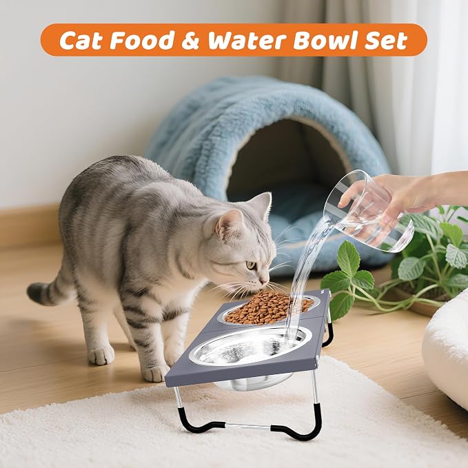 Upgraded Raised Cat Bowls,Elevated Bowls for Indoor Cats with Height Stand,Non-Slip Stainless Steel Cats Bowl,10° Tilted Cat Food Bowls (Grey Collapse, 1Pack) - Image 5