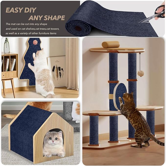 78.7"X15.8" Cat Scratching Mat, Self-Adhesive Cats Carpet, DIY Scratch Furniture Protector for Couch, Sofa, Wall & Doors, Durable Cat Scratch Guards Couch Cats Scratcher from Claws (Dark Blue) - Image 2