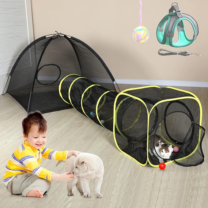 Outdoor Cat Enclosures for Indoor, Portable Mesh Tent, Outdoor pet Tunnel, Cat Playhouse with Adjustable Cat Harness and Leash for Walking, Colorful Tease Ball for Small Animals - Image 7