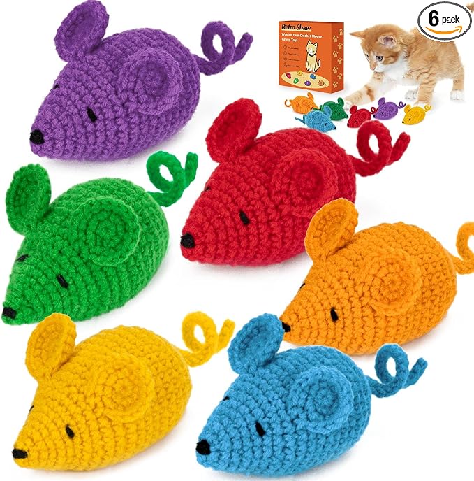 Retro Shaw Catnip Cat Toys Crochet Mouse, Pack of 6 | Hand-Knitted, Durable and soft, Catnip & Silvervine Blend, Safe Teeth Cleaning, Indoor Interactive Fun by RetroShaw