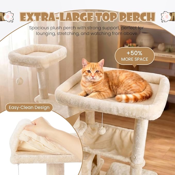 Sha Cerlin 87 in Multi-Level Tall Cat Tree Tower for Large Cats/Extra Wide Feline Activity Center/Sisal Scratching Posts/Wide Base/Cozy Plush Perches/Baskets/Hammocks/Toy Balls/Beige - Image 4