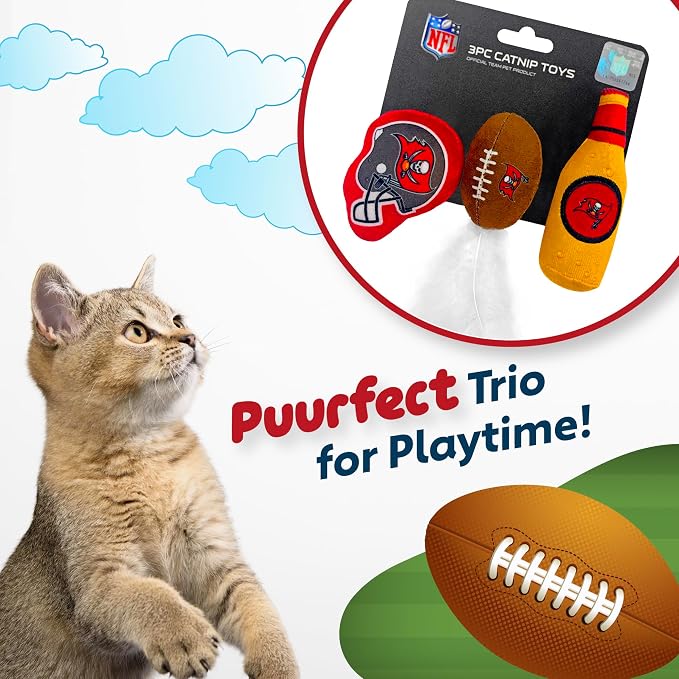 BEST PLUSH CAT TOY - NFL TAMPA BAY BUCCANEERS Complete Set of 3 piece Cat Toys filled with Fresh Catnip. Incld: 1 Helmet Cat Toy, 1 Football Cat Toy with Feathers & 1 Beer Bottle. Beautiful Team LOGOS - Image 4