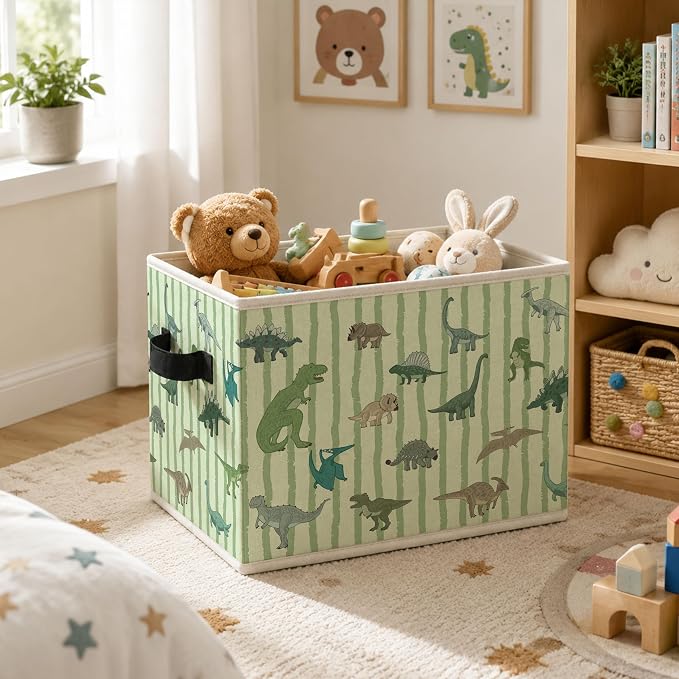 Dinosaur Kingdom Storage Bins Box with Handles, Dinosaur Lovers Collapsible Storage Basket, Green Striped Foldable Basket for Organizing Playroom Nursery Toys Books Clothes - Image 2