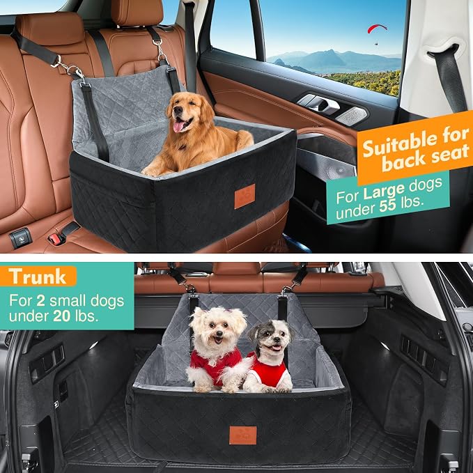 NEEZUKAR Dog Car Seat for Large Medium Size Dogs, Pet Car Seat Under 55 lbs | Thick Cushion, Detachable Washable Dog Booster Seat for 2 Small Dogs, Travel Dog Car Bed with Storage Pockets, 2 Safety Belts - Image 4