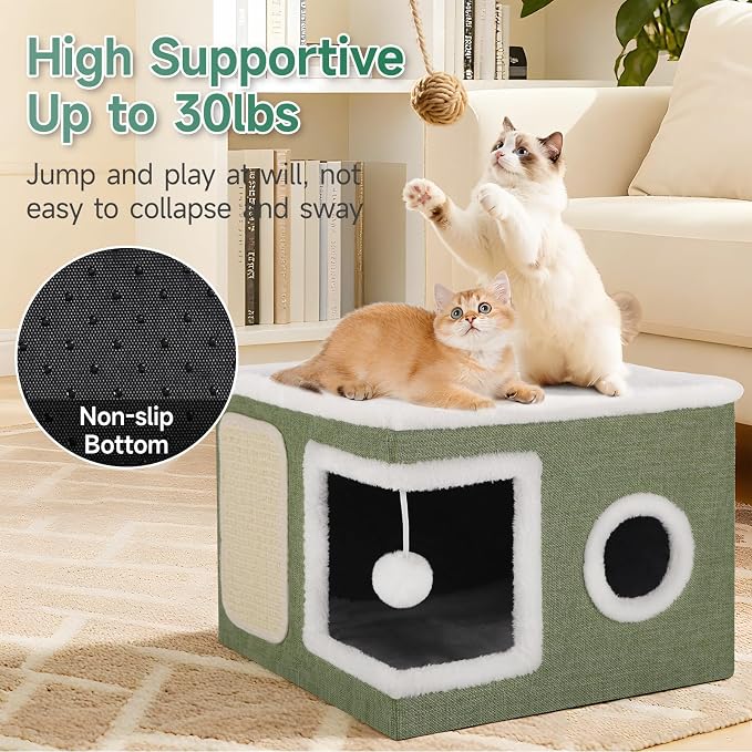 Shikha Cat House Bed for Indoor Cats with Fluffy Ball and Scratch Pad Green | Foldable Large Cat Cave Hideaway with Cozy Condo, Hide and Seek Window, Holds Up to 30LBS, All Season Reversible Cushion - Image 3