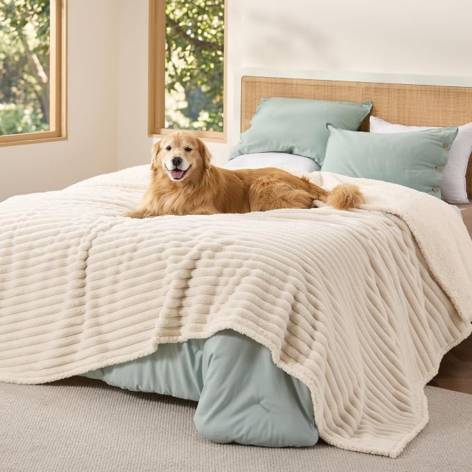 Bedsure ComfyFleece™ Waterproof Blanket for Bed, King（86"x108"） Cream | Soft Plush Bed Couch Cover Corduroy Fleece for Furniture Protector, Cozy Calming Reversible Dog Blankets for Large Dogs Pet by Unknown