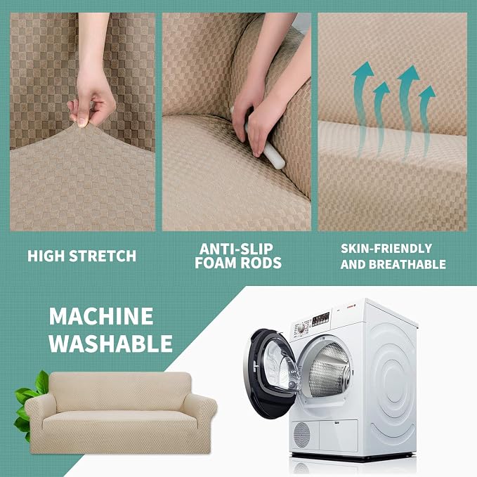 YEMYHOM Couch Cover Latest Jacquard Design High Stretch Sofa Chair Covers for Living Room, Pet Dog Cat Proof Armchair Slipcover Non Slip Magic Elastic Furniture Protector, Small (Chair, Khaki) - Image 4