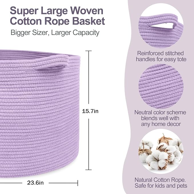 MEGASKET 115L Extra Large Purple Storage Basket, 23.6" X 15.7" Jumbo Woven Cotton Rope Bin for Throw Blankets Pillows, Baby Laundry Basket, Dirty Clothes Organizer, Big Storage Box for Toys, Towels - Image 2
