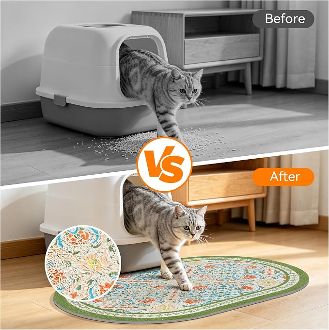Cat Litter Mat, 33"x22" High Density PVC Litter Trapping Mat, Non-Slip, Waterproof & Urine-Proof Litters Catcher Mats, Keep Floor Clean, Soft on Kitten Paws, Cat Essentials Bean Green - Image 2