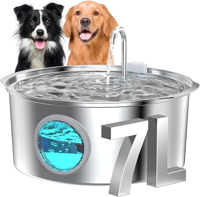 Dog Water Fountain for Large Dogs: 7L/236oz/1.8G Dog Fountain Stainless Steel - Big Cat Drinking Fountain Indoor - Super Quiet Water Fountain for Dogs Inside - for Large Dog Cats & Multi-Pet Home by GROOKPET