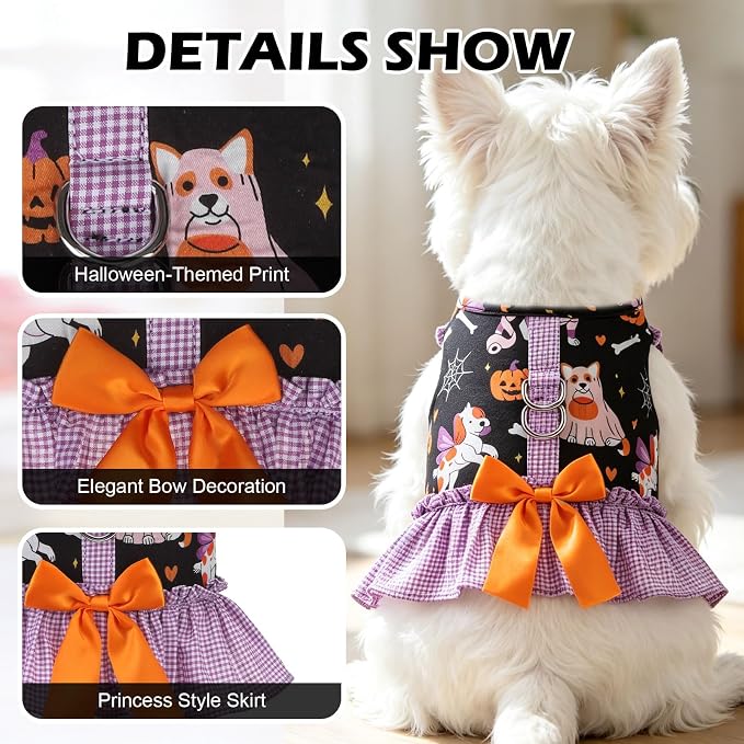 EXPAWLORER Halloween Dog Harness Small Medium Sized Dogs, Party Costume M | No Choke No Pull Mesh Vest Dog Dress Bowknot Harness and Leash Set Soft Cute Princess Puppy Outfits Clothes for Girls Cats - Image 2