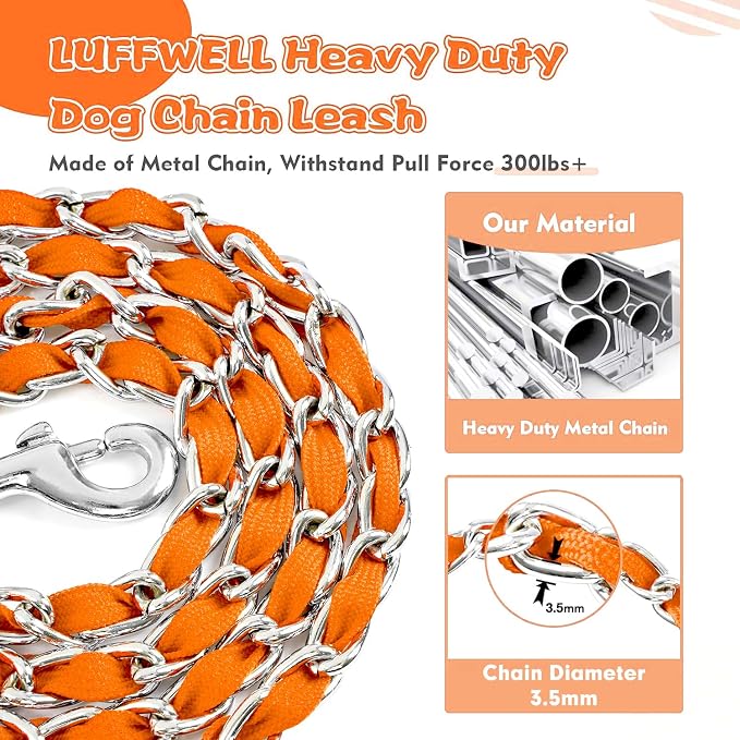Metal Chain Dog Leash Chew Proof for Dogs, Orange, 3.0mm, 6FT | More Room for Everyday Walks and Outdoor Use, Chew Resistant Chain, Padded Handle, Swivel Clip - Image 2