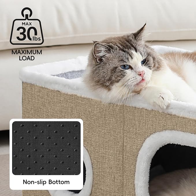 Extra Wide Cat Houses for Indoor Cats, Large Covered Cat Bed Cave | Foldable Kitten Bed House with Fluffy Ball and Scratch Pad, Large Cat Condo Tent for Multiple Pets, 23.6x16x13 inches, Khaki‌ - Image 5