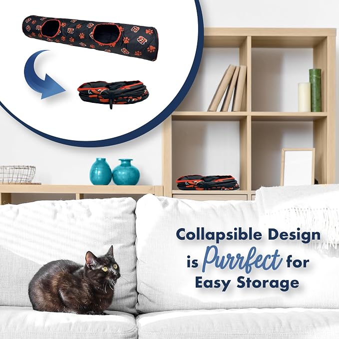 NFL Cincinnati Bengals Cat Tunnel Tube Toy with Plush Football Catnip and Feathers Collapsible Tunnel for Cats to Play, Peek and Hide, Sporty & Fun Cat Tunnel Toy with Team Logo All-Over Design! - Image 8