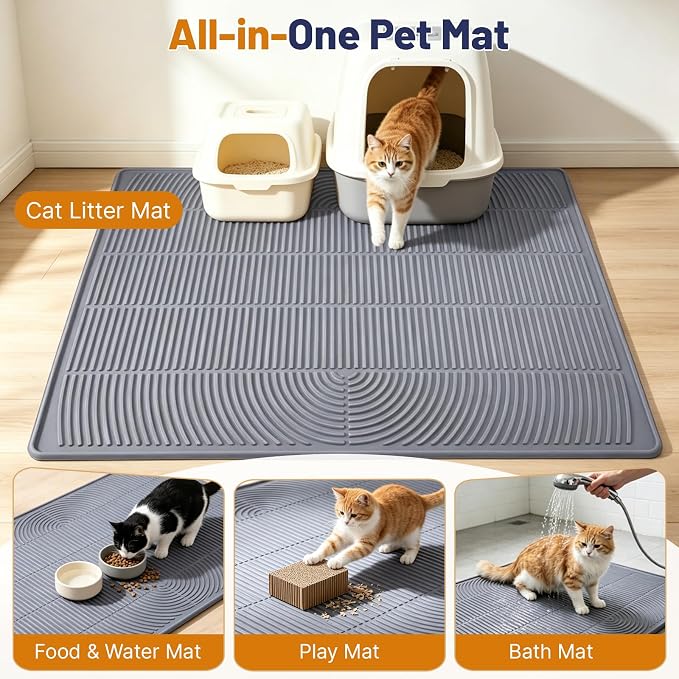 Cat Litter Mat, XL 46x35in Waterproof Silicone Litter Box Mat, Grey | XXL Cat Mat Fits 2-4 Litter Boxes, Litter Trapping Mat with Raised Edges & Textured Surface, Non-Slip Bottom, Easy Clean - Image 4