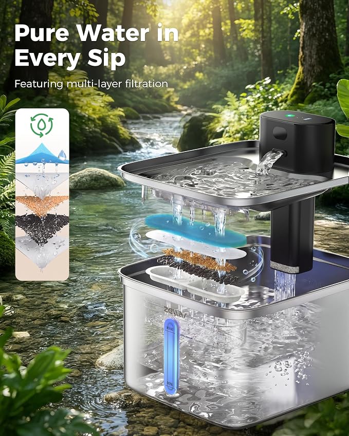 Wireless Cat Water Fountain, 108oz/3L Pump-Free Ultra-Quiet Pet Water Dispenser, Stainless Steel with Multi-Layer Filtration, 3 Smart Modes & Motion Sensor,Automatic Drinking Fountain for Cats Dogs - Image 8