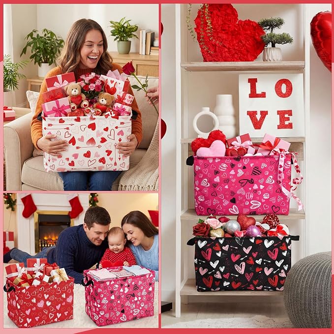 FoldTier 4 Pcs Valentine's Day Storage Baskets Empty Collapsible Valentines Basket with Handles Red Pink Black Heart Storage Boxes for Gifts Home Room Nursery Books Cloth Holiday Containers (Heart) - Image 6