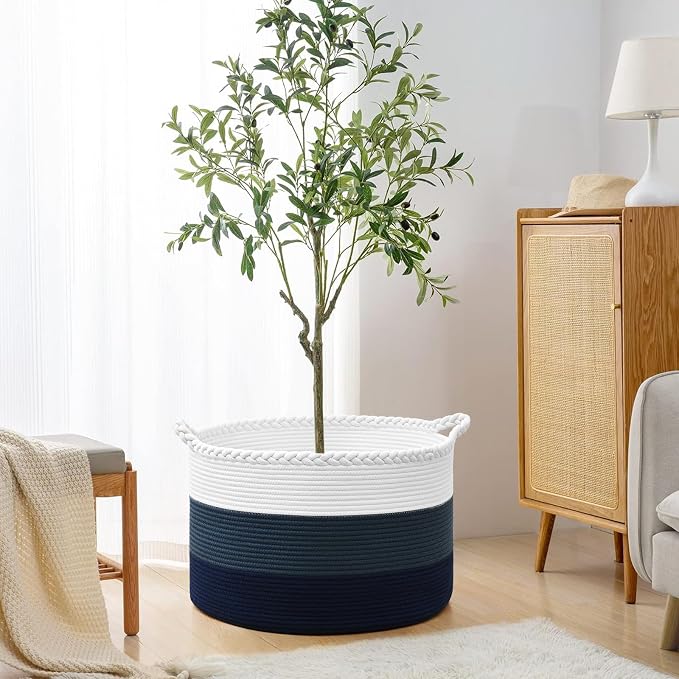 67L Large Woven Blanket Basket, Cotton Rope Baby Laundry Hamper with Handles, Kids Toy Basket for Classroom & Nursery, Soft Round Stuffed Animal Storage, Dog Toy Bin - 20"x13", Dark Blue - Image 6