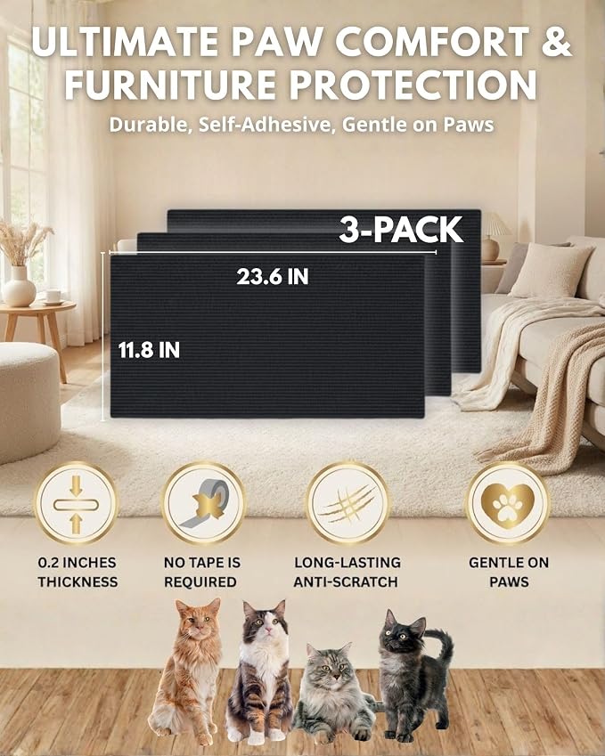 Corner & Wall Cat Scratch Mat, Self-Adhesive Trimmable Cat Scratcher, Wall Mounted Scratching Pad for Indoor Cats, Sofa Furniture Protector, Cat Post Cover Replacement (Black, 23.6''x11.8'', 3-Pack) - Image 6